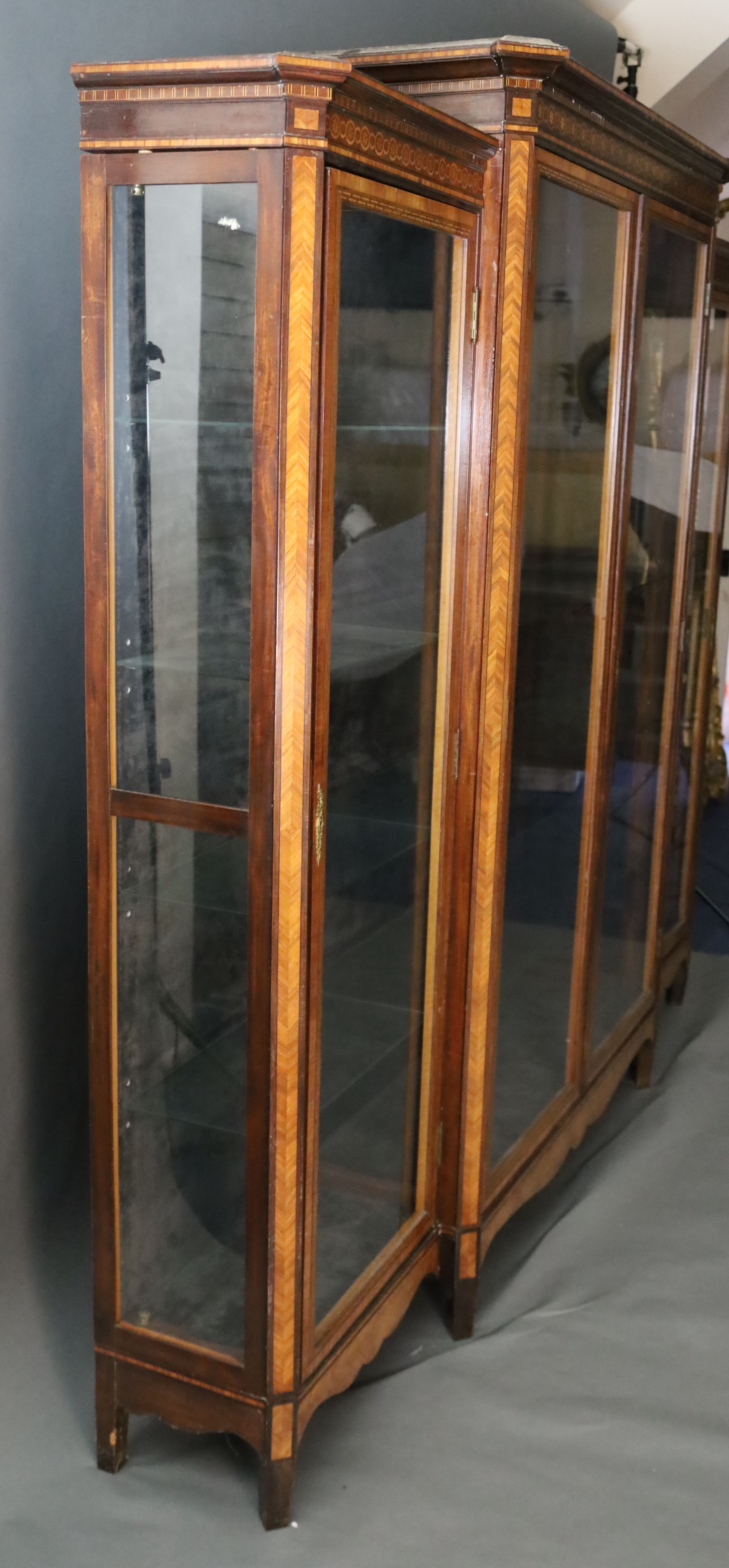 A large 19th century French Louis Philippe period kingwood and marquetry vitrine, W.8ft 4in. D.1ft 5in. H.7ft 4in.